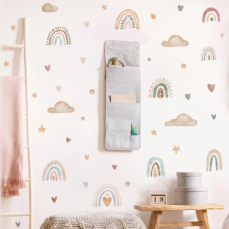 Boho watercolor Cartoon Rainbow Sun Clouds Wall Sticker Nursery Vinyl Children\'s Wall Art Decals for Baby Kids Room Home Decor