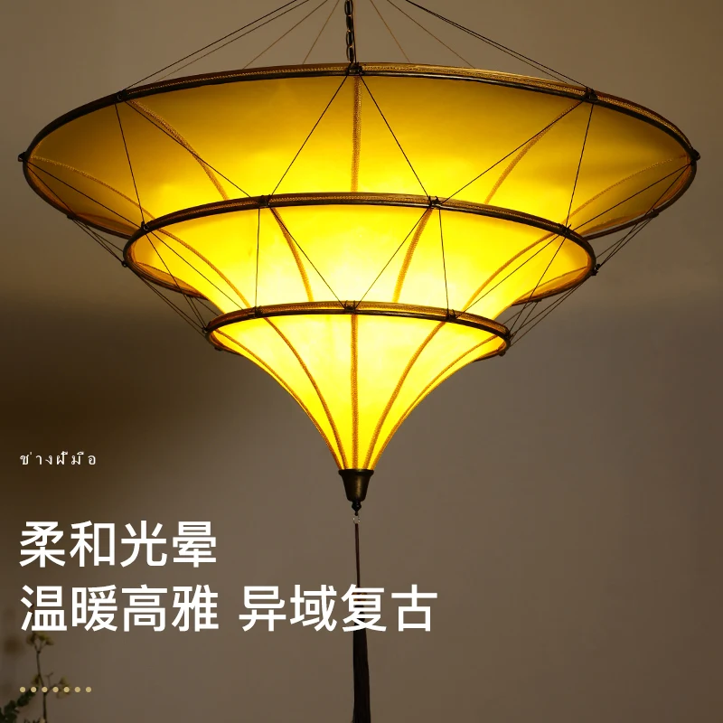 Southeast Asia Vintage Faux Sheepskin Round Pendant Light LED E27 Retro Restaurant Hanging Lamp Home Decor Living Room Bedroom