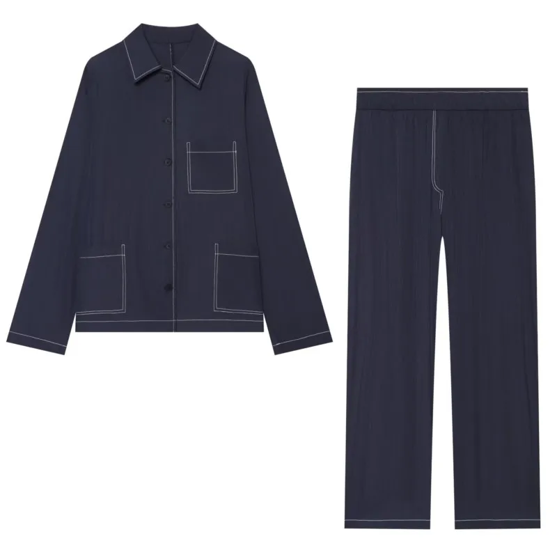 Women Contrast Topstitch Pants Set Long Sleeve Buttons Pockets Top Mid-waist Elastic Waist Straight-leg Pants Casual 2 Piece Set