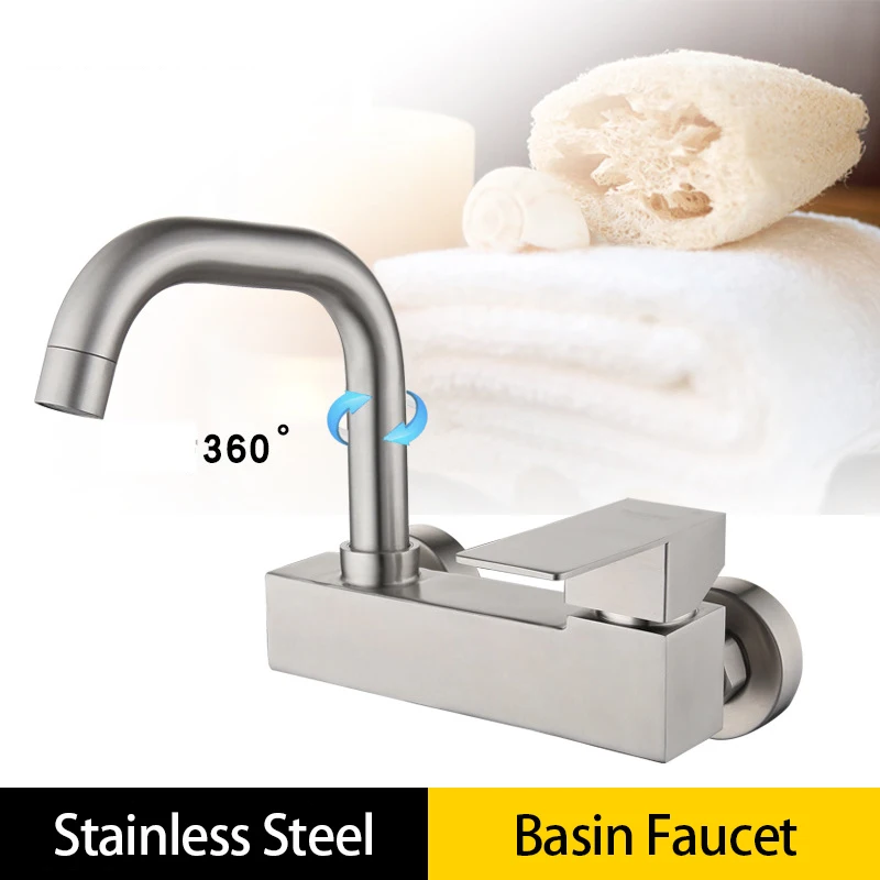 

Kitchen Faucet Wall-Mount Bathroom Sink Tap Dual Holes Hot and Cold Mixer Balcony Washing Mop Basin Bibcock Universal Swivel Tap