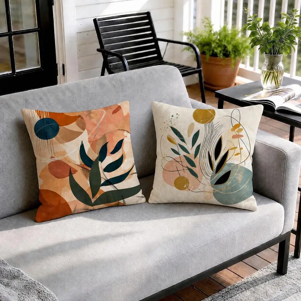 Colorful Abstract Mid Century Cushion Cover Natural Linen Organic Fabric Double-Sided Printing Sofa Home Decor Gift Pillow Cover