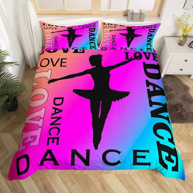 Girls Ballet Bedding Set,Dancing Ballerina Duvet Cover Blue Purple Gradient Comforter Cover Ballerina Silhouette Quilt Cover