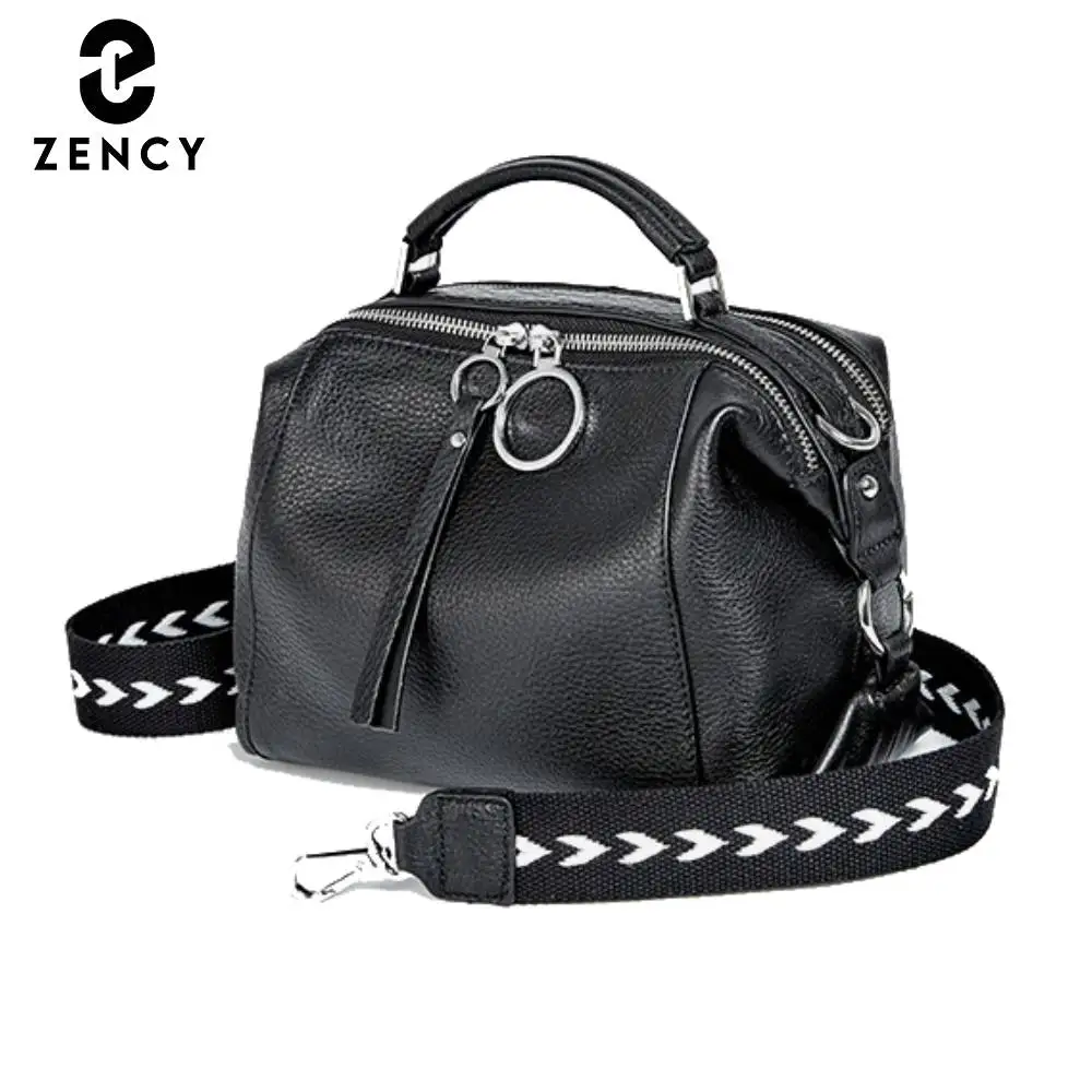 

Zency Fashion Black Designer Shoulder Bag For Women 100% Genuine Leather Handbag Medium Size For Daily Life With Two Straps