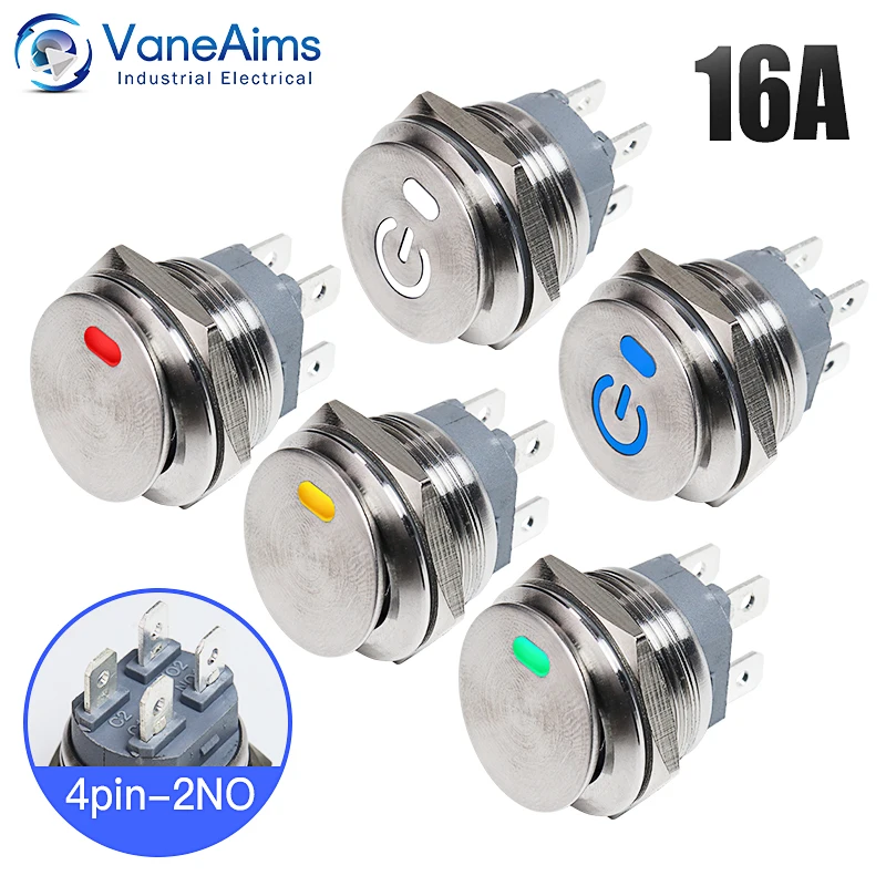 

Marine Boat Rocker Switch 22mm Waterproof 16A High Current Latching Metal Toggle Switch 2NO 4pin with LED Light 12V 24V 220V
