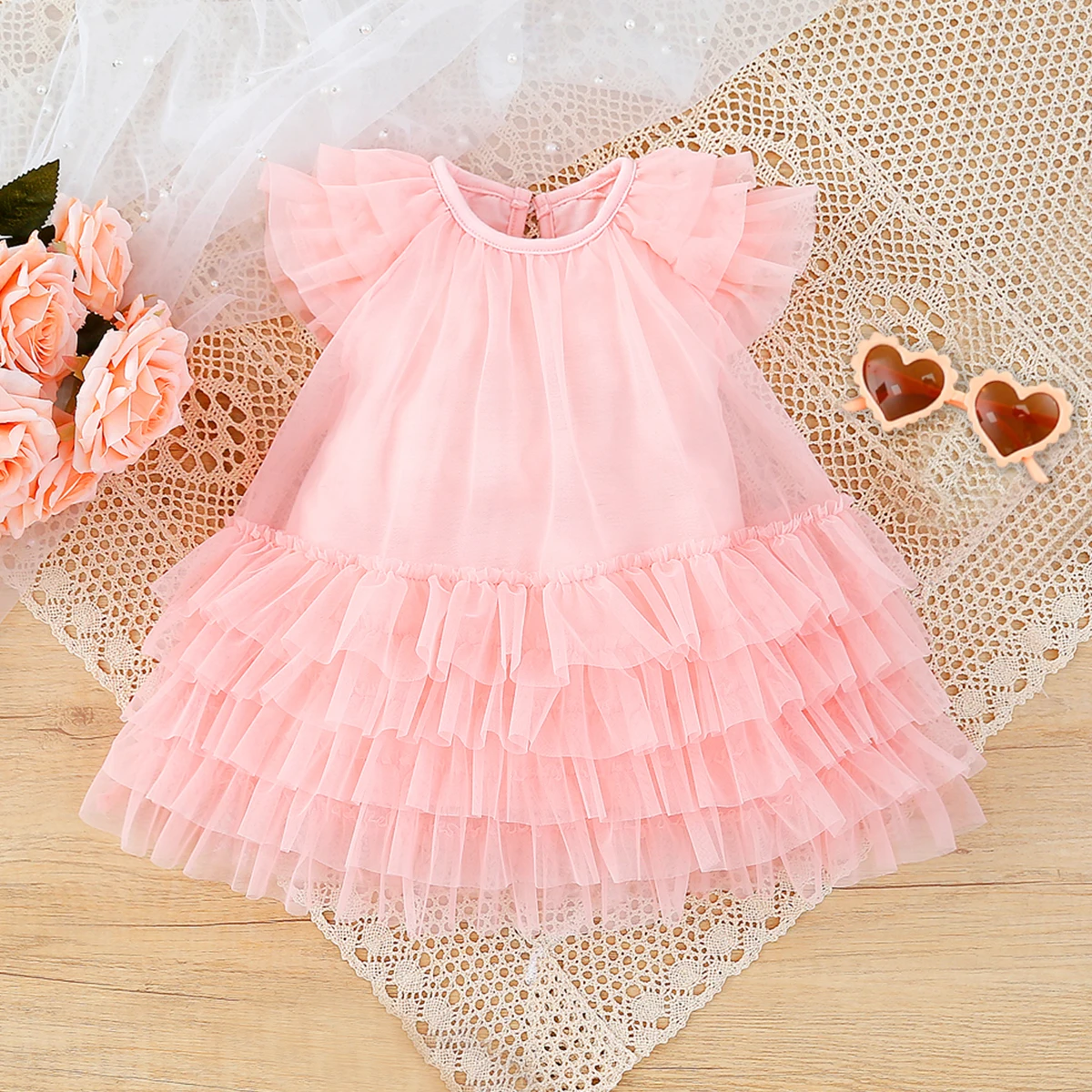 Baby\'s Summer Solid Color Dress Mesh Princess Dress Sweet Cute Exquisite Child Accessories