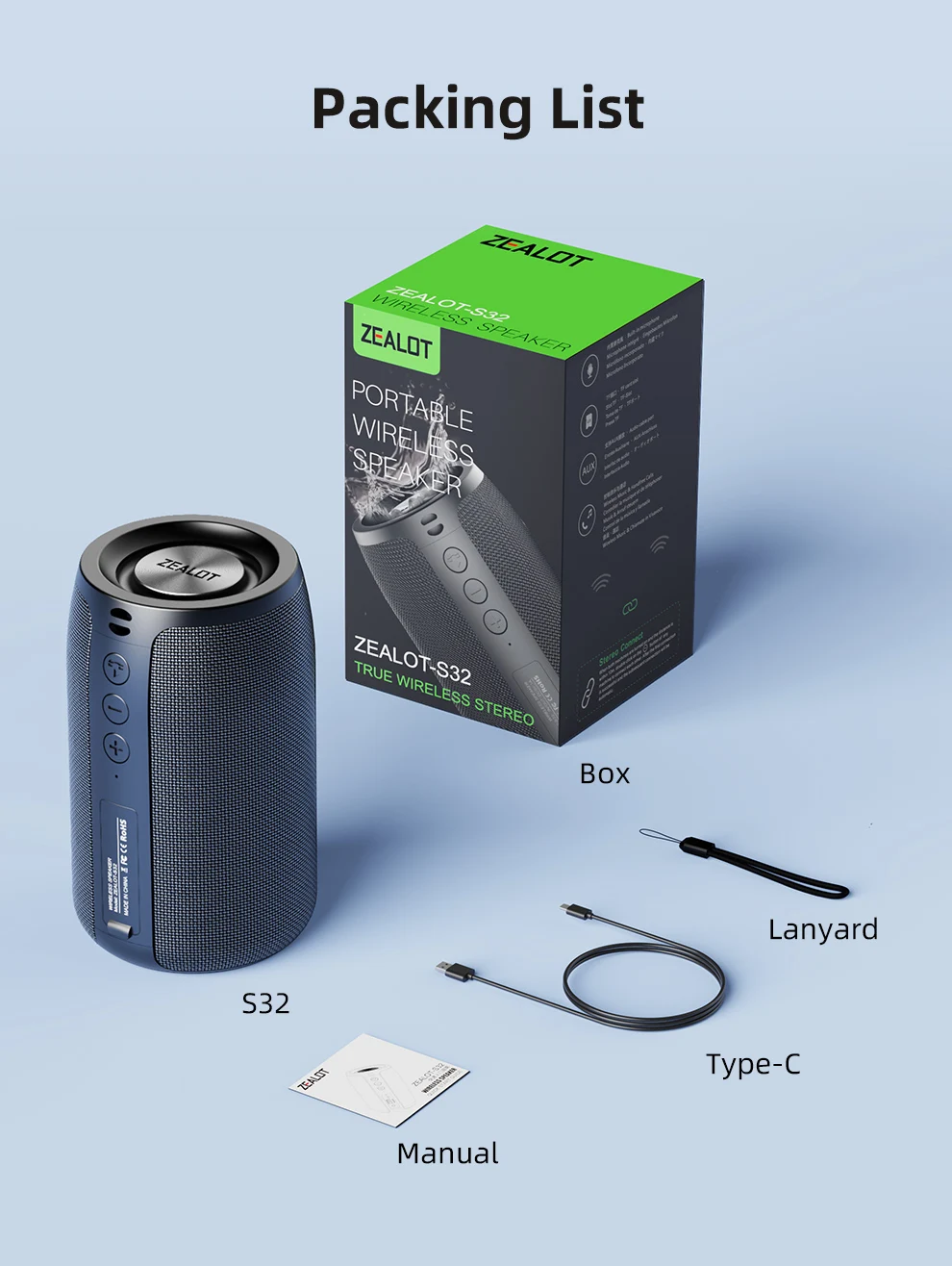 Zealot-S32 Mini Tragbarer Lautsprecher mit TWS, Bluetooth 5.3, Ausgewogenem Bass, IPX5 Wasserdicht für Alle Telefone, Outdoor – Detail 12