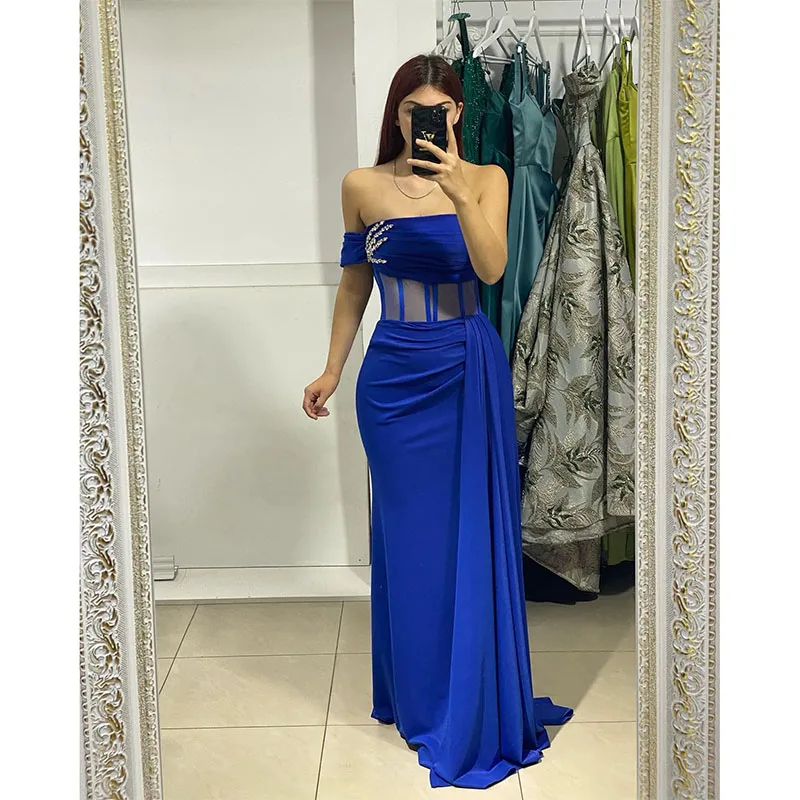 

Elegant Royal Blue Evening Dresses Strapless Beads Pleats Party Prom Dress Illusion Bone Bodice Long Dress for Special Occasion