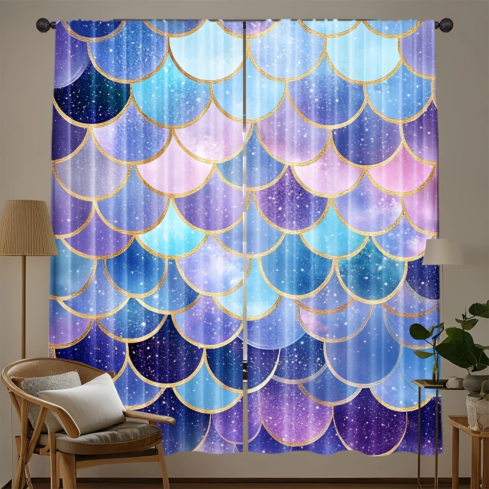 Ocean-themed fin pattern printed curtains, pole-mounted installation Suitable for living rooms bedrooms, dining rooms and hotels
