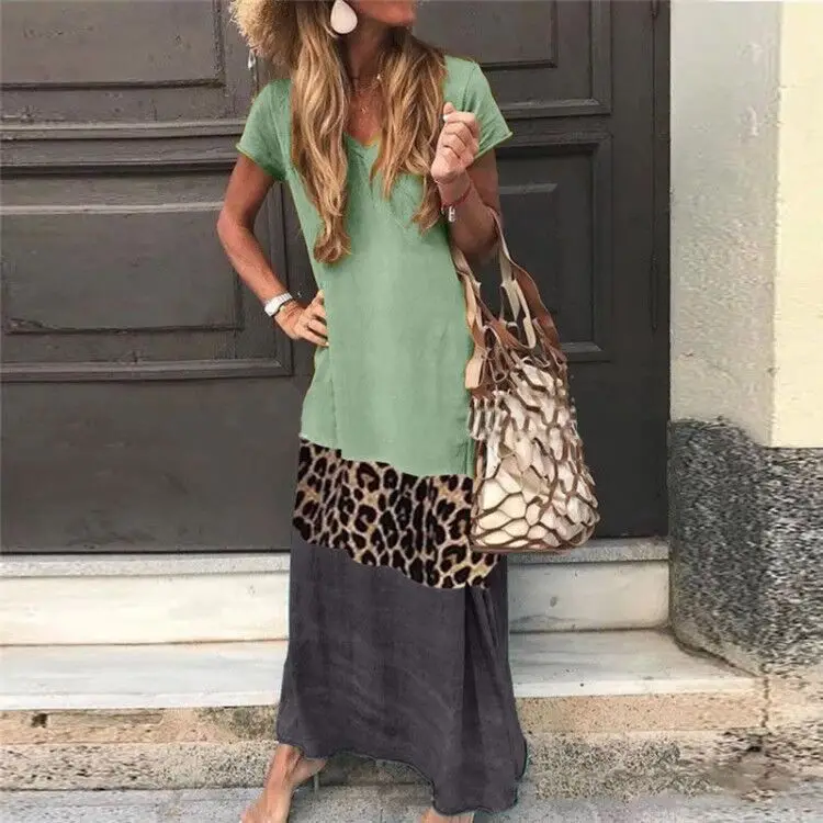 Simple And Loose Color Contrast Leopard Print Splicing Short Sleeve Print V-neck Long Dress Casual Dress Long Dress