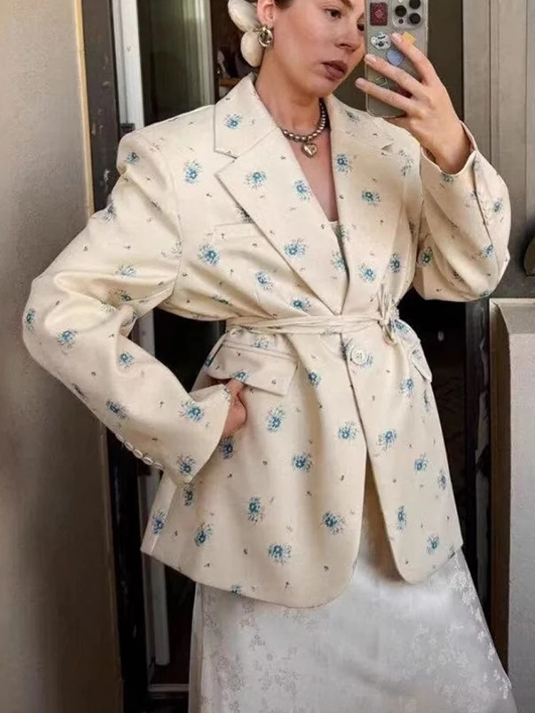 Elegant Floral Blazer with Belted Waist & Shoulder Pads