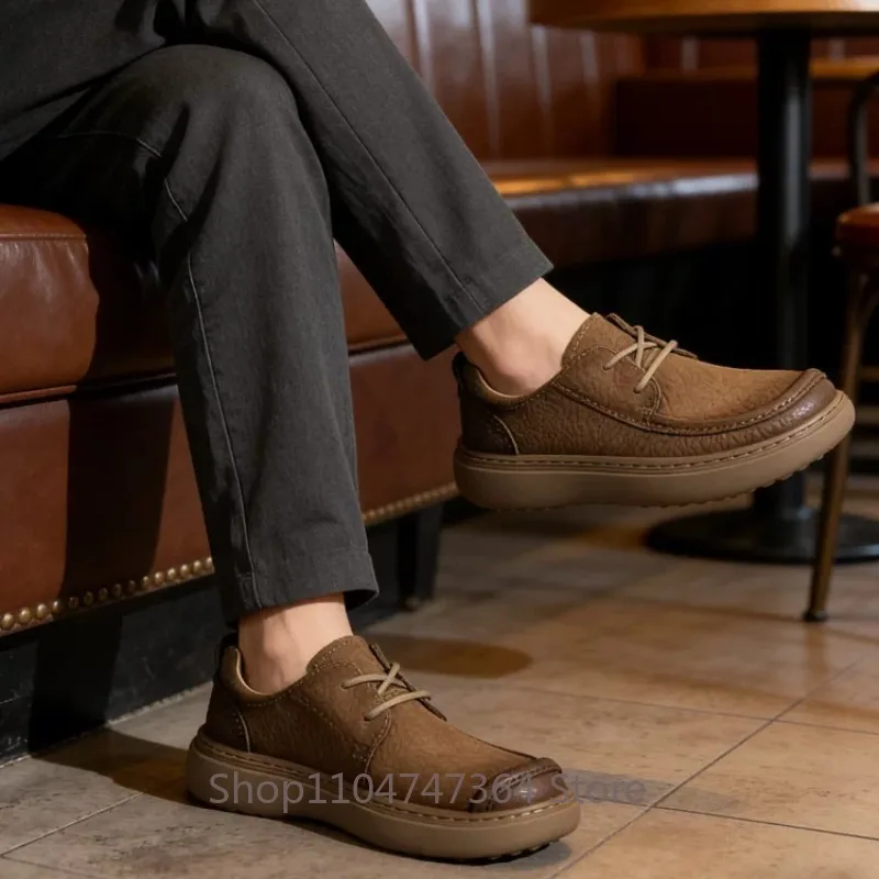 High End Cow Leather Casual Fashion Leather Shoes Men's  Low Top Non Slip Comfortable Genuine Leather Thick Soled Walking Male