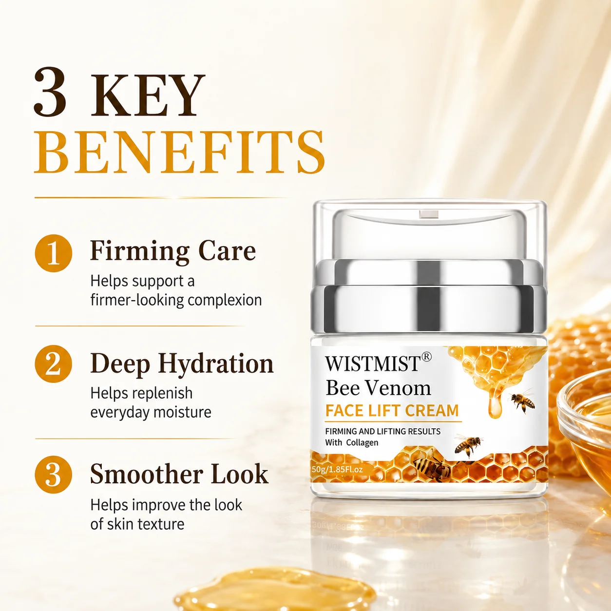WISTMIST Bee Venom Face Cream, Firming & Lifting Facial Moisturizer with Collagen, Hydrating Anti Aging Skin Care Cream for Fine Lines, Wrinkles & Elasticity, Nourishing Day Night Face Moisturizer for Women Men, 50g