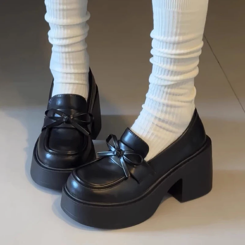 

Bow Women Loafers Shoes Platform High Heels Shoes 2025 Autumn Elegant Dress Chunky Leather Shoes Casual Mary Jane Zapatos Woman