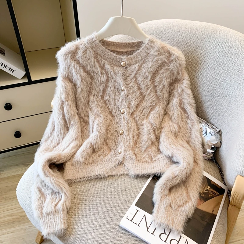 

Faux Mink Fur Collar Knitted Cardigan Sweater Coat New Style Soft Short Top for Women