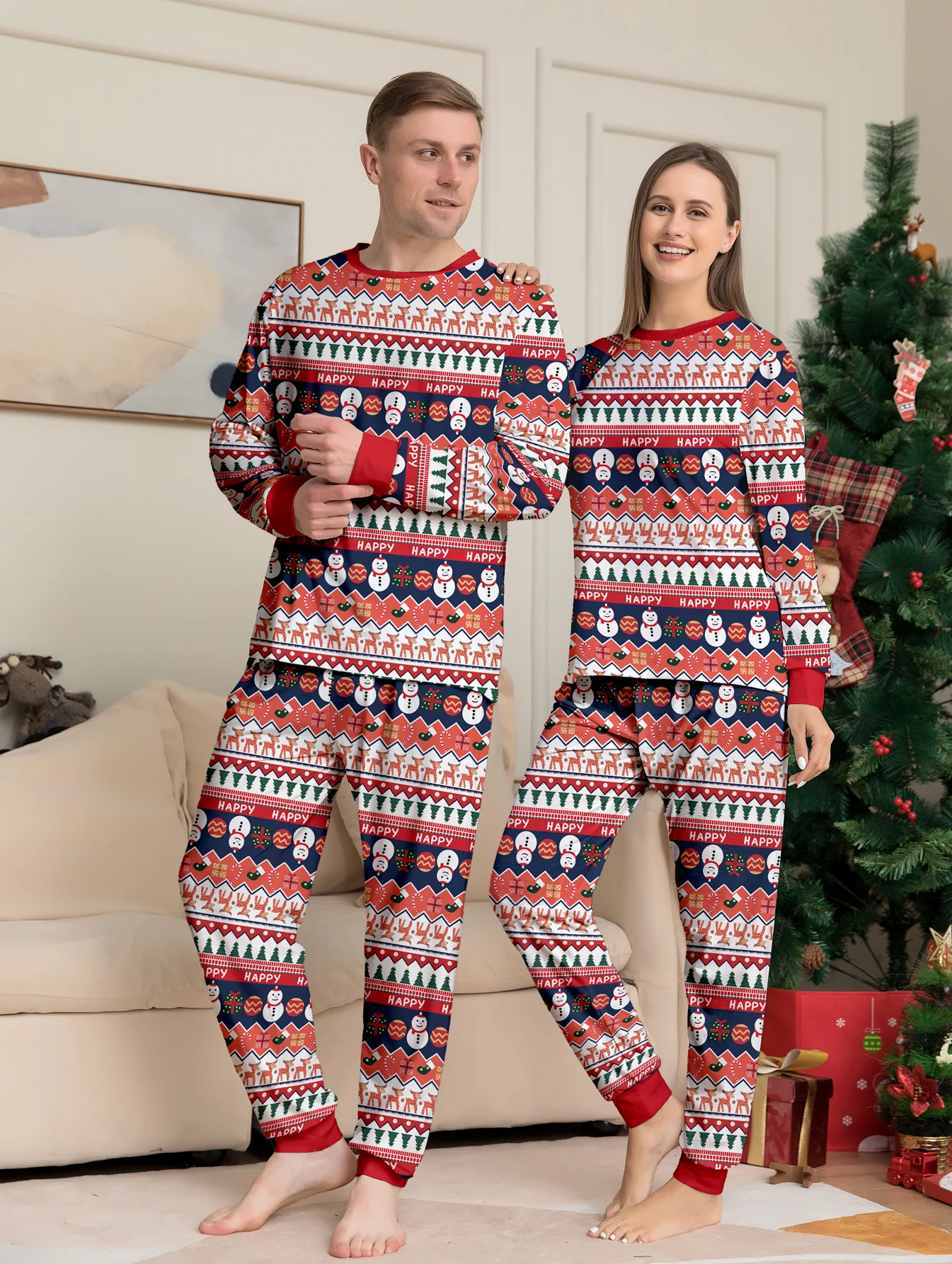 

Must - have Christmas Matching PJs for Couples: Snowman, Reindeer & 'HAPPY' Patterned Set