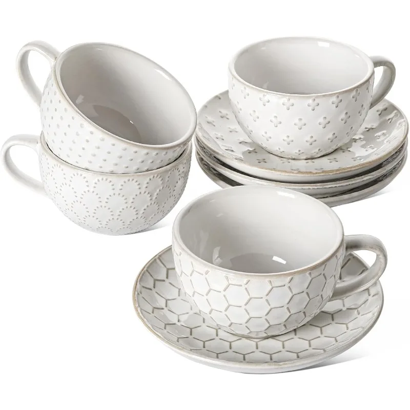 8 oz Cappuccino Cups with Saucers, House-warming Gift, Ceramic Large Coffee Cup for Au Lait, Double shot, Latte