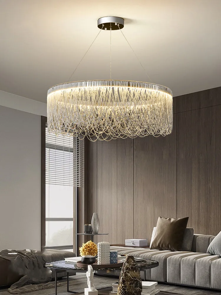 Dining Room Led Chandelier Modern Light Luxury Tassel Chandelier Living Room Bedroom Hanging Lamp Silver Round Lighting Fixture