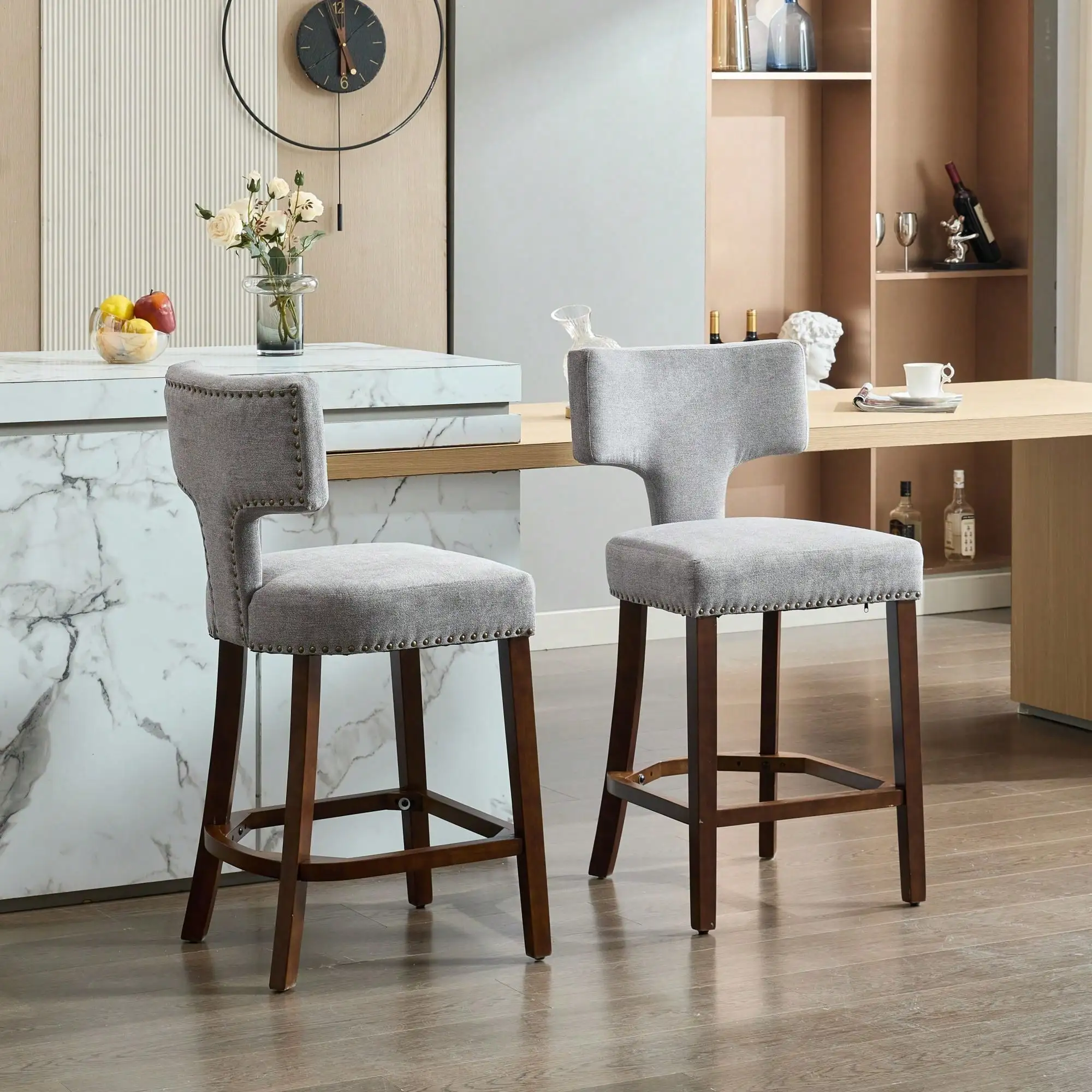 Set Of 2 Mid Century Modern Counter Height Bar Stools, Farmhouse Linen Fabric Upholstered Accent Chair Curved Backrest With Copper Nails Around,Kitchen Chairs With Hardwood Frame