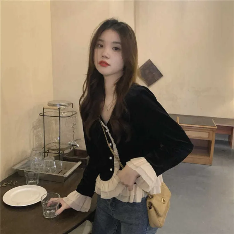 قميص مخملي للفطريات والشجرة الصالحة للأكل للنساء ، كم واسع ، قميص برقبة حرف V ، مناسب للجسم ، تصميم مرقع عتيق ، عصري للسيدات في المكتب ، إنز ، شتوي