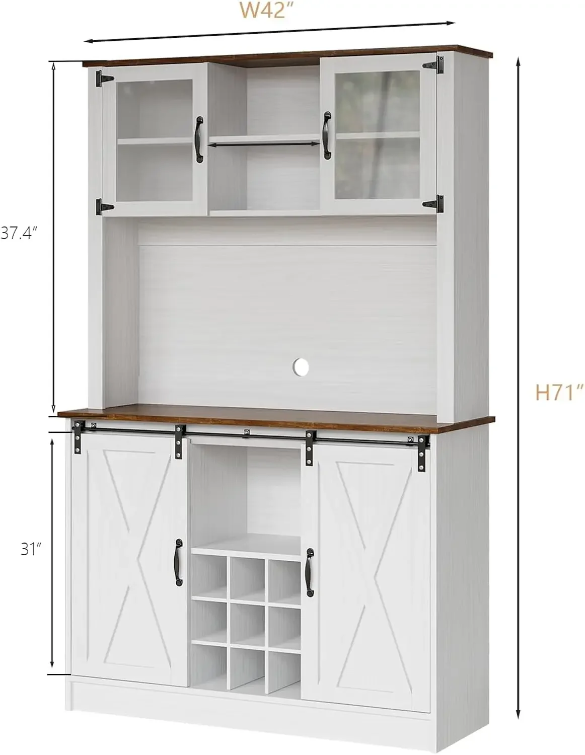 4Ever2Buy Farmhouse Coffee Bar Cabinet With Hutch, 72'' White Hutch Cabinet With 2 Glass Doors, Tall Wine Bar Cabinet With 9