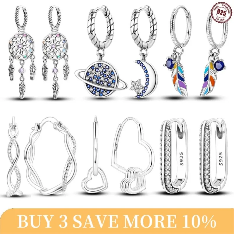 54 Style 100% 925 Sterling Silver Drop Earrings Dream Catcher Moon star Feather Heart Earring For Women Fine Zircon Jewelry Gift