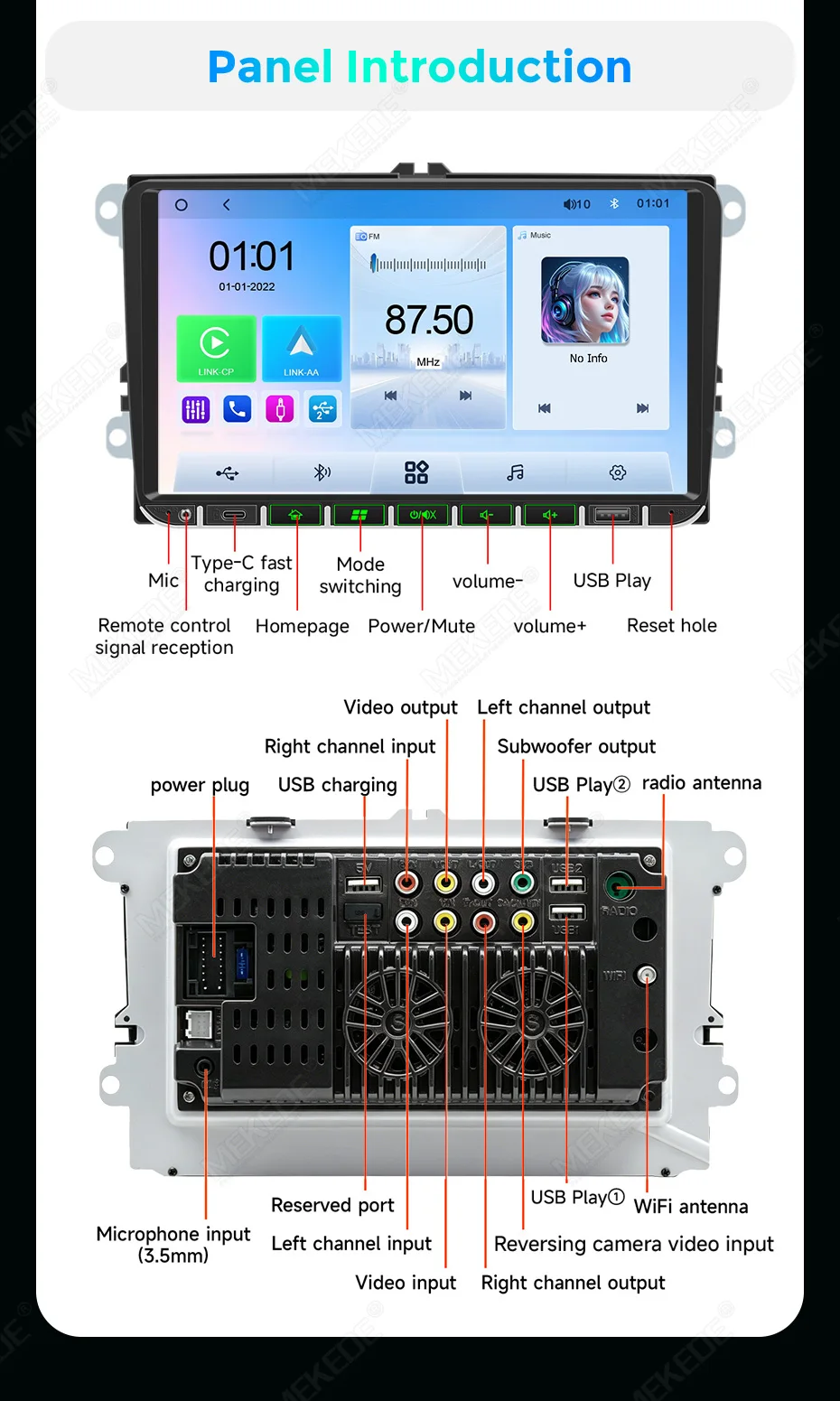 MEKEDE EU Lager 7/9 Zoll Linux-System Kabelloses CarPlay Android Auto 2Din Universelles GPS-Navigations-Autoradio für Volkswagen Universal VW Golf 5 6 Polo Passat B6 B7 CC Skoda Jetta MP5-Player SWC BT WIFI USB FM RDS Host-Einheit Stereo-Multimedia-Player – Detail 11