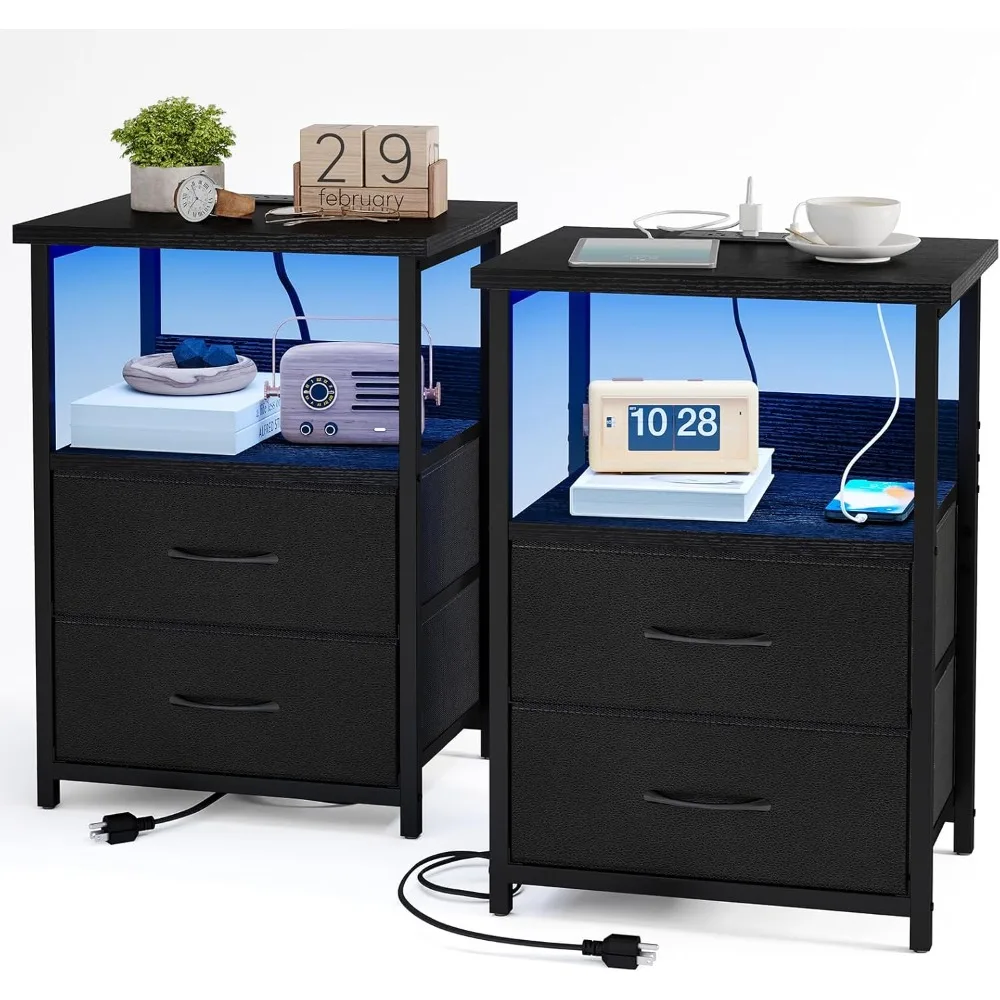 

Nightstand Set of 2 Night Stand with Charging Station, LED Nightstand with Fabric Drawers, End Table with PU Finish, Bed Side T