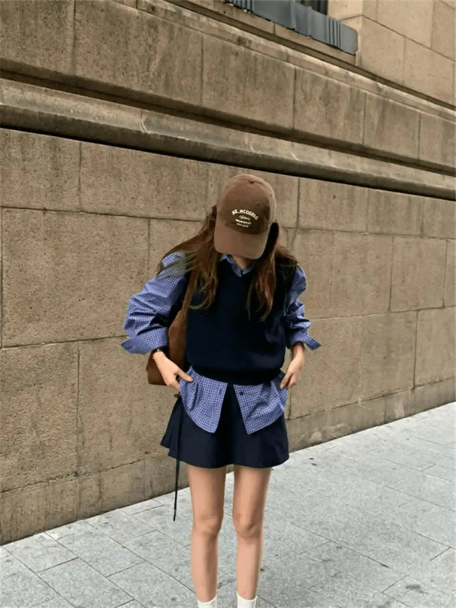 

Женский вязаный жилет в стиле ретро BF, комплект с синей клетчатой рубашкой с длинными рукавами в стиле Донгдэмун, весенне-осенний повседневный модный наряд