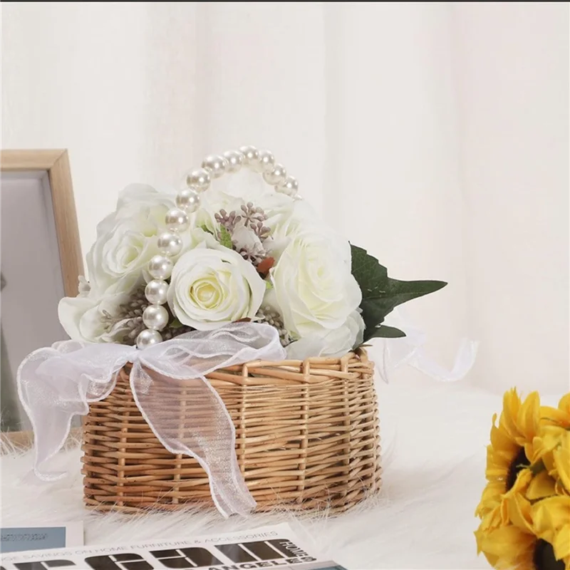 

PORK-4X Wicker Flower Girl Basket For Weddings, Rattan Flower Basket Handmade Flower Girl Basket With Handle And Ribbon