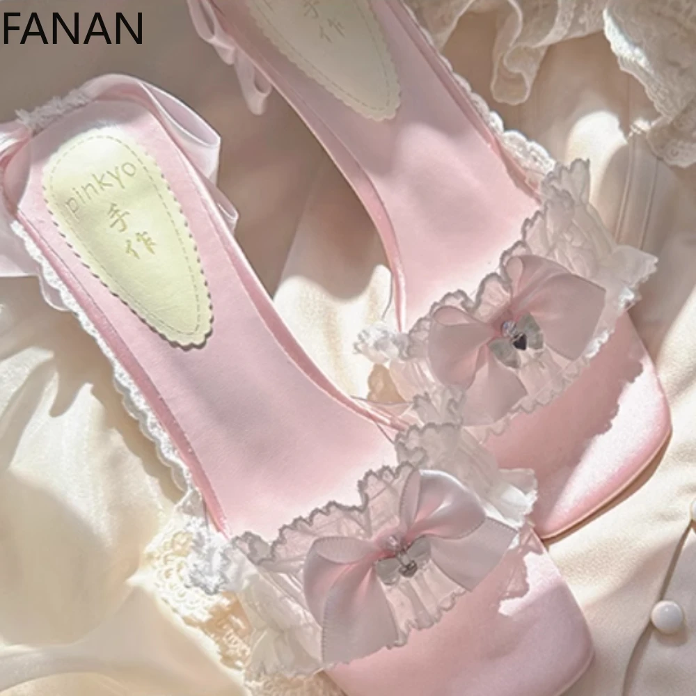 

French High Heels Flats Sandals Women's Shoes 2025 New Summer Space-trimmed Stiletto Slippers Bow Heightening Pink Shoes