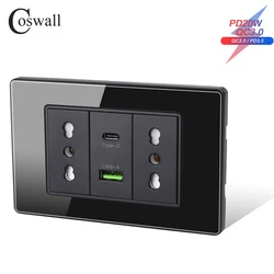 Coswall 118 Series Black Tempered Glass Italian / Chile Standard 16A Wall Power Socket Dual USB Type-c PD 3.0 20W Fast Charging