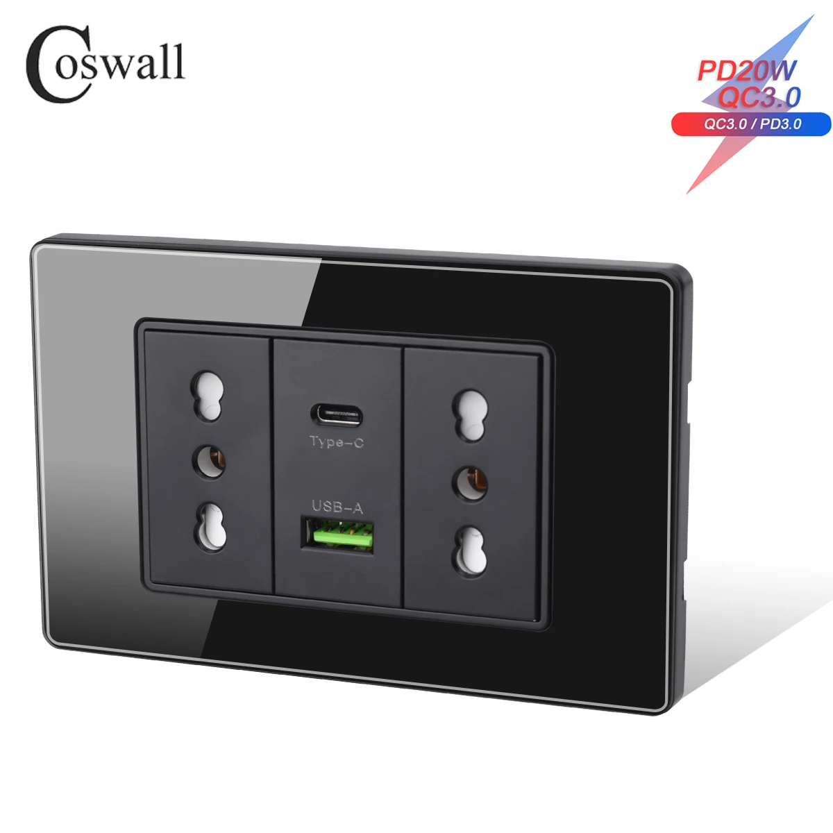 Coswall 118 Series Black Tempered Glass Italian / Chile Standard 16A Wall Power Socket Dual USB Type-c PD 3.0 20W Fast Charging