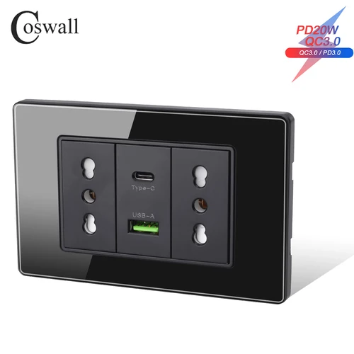Coswall 118 Series vidrio templado negro italiano/Cile estándar 16A toma de corriente de pared USB Dual tipo-c PD 3,0 20W carga rápida