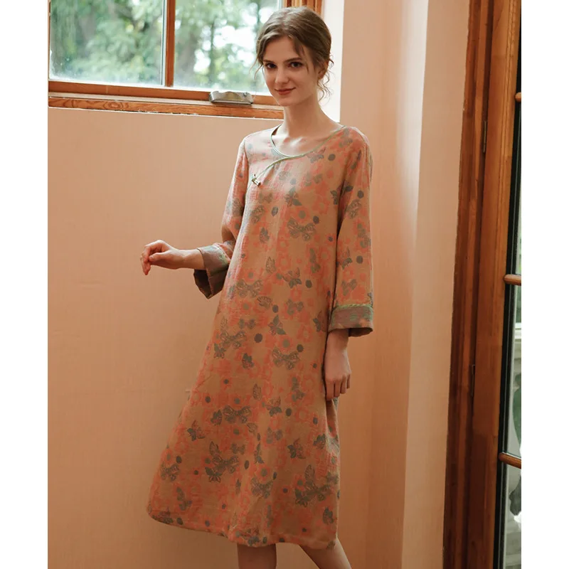 Autumn Chinese Retro Style Pajamas for Women Diagonal Buckle Cotton Jacquard Long Sleeve Dress Literary Multicolor Night Gown