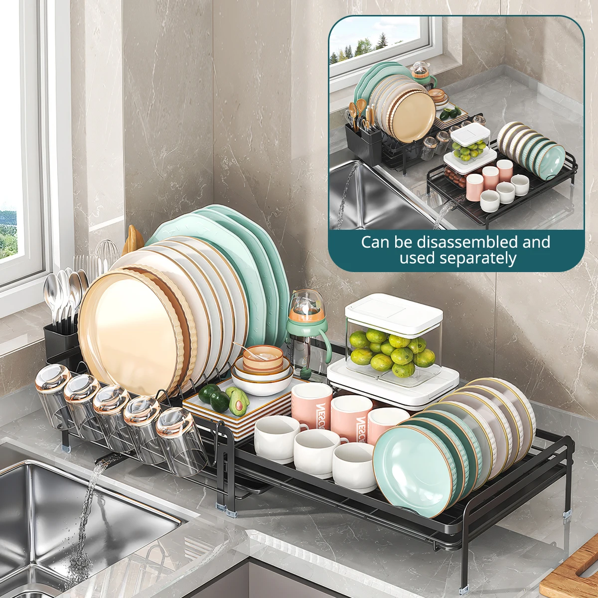 

Adjustable Length Metal Dish Drying Rack with Auto-Drain Tray, Expandable Kitchen Countertop Organizer for Plates & Utensils​