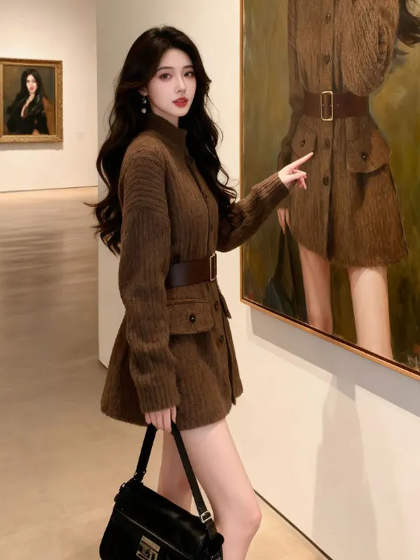 

Ретро-платье премиум-класса с вязаным узором, приталенное, облегающее, зимнее, модное, элегантное, с длинным рукавом, для делового повседневного стиля, для прогулок по городу