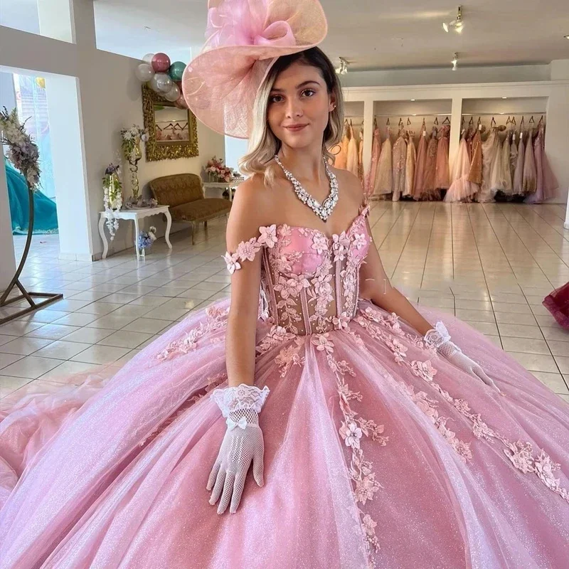 Dusty Pink Glitter Off Shoulder Ball dress, quinceañera, 15 años, Apliques De encaje, Vestidos De fiesta De cumpleaños De princesa