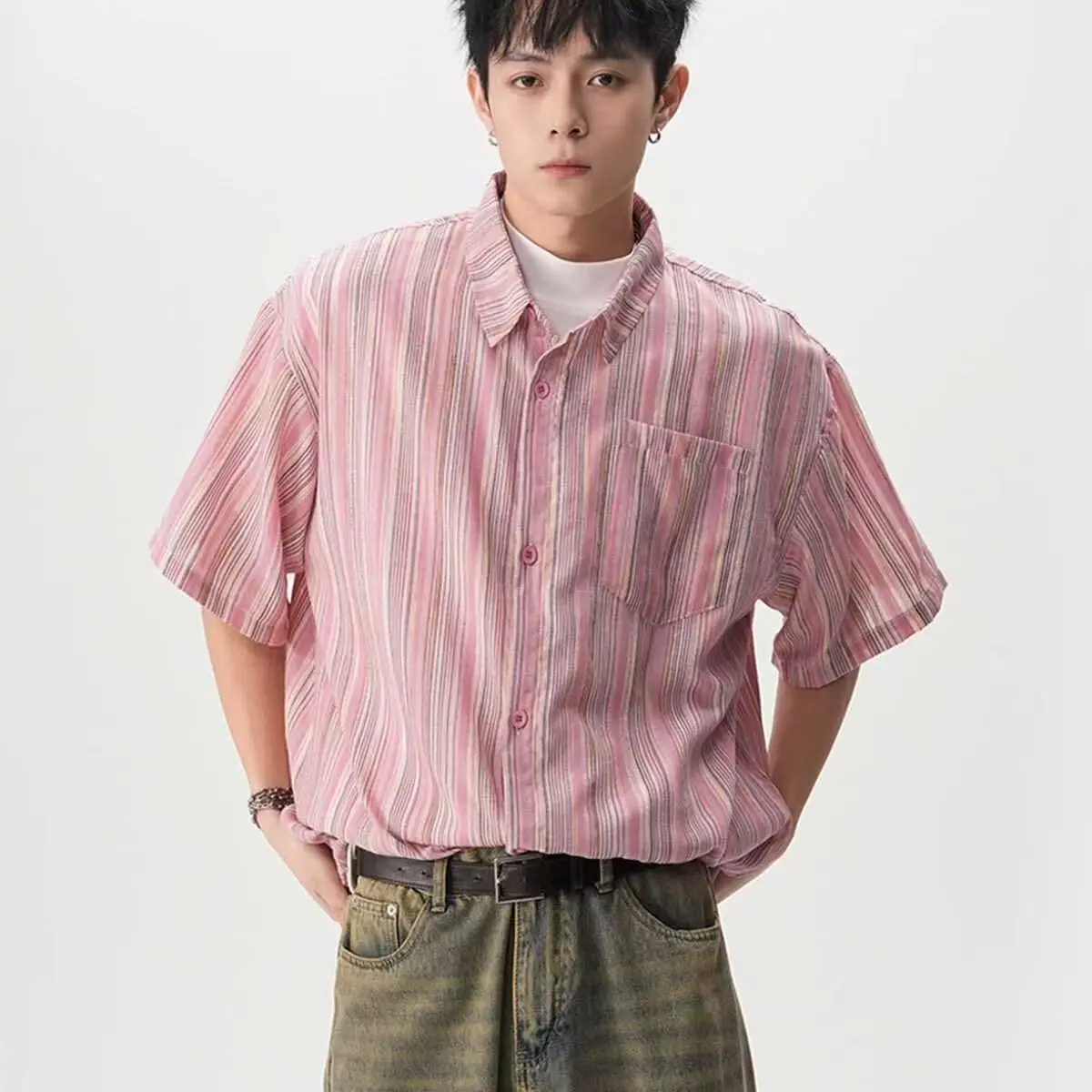 Summer Men Short Sleeve Pink Striped Loose Polo Neck Button Up Shirts Men New High Street Pocket Blouse Women Shirts Clothes New