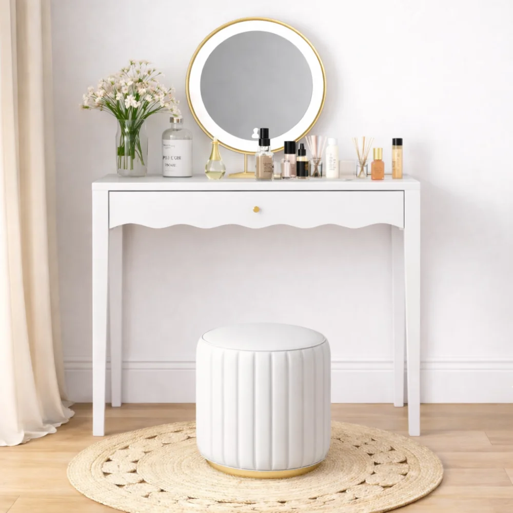 Vanity Desk with Drawer – Modern Makeup Table with Scalloped Front & Gold Knob, Compact Writing Desk with 4 Sturdy Legs for Bedroom, Small Home Office & Apartment Spaces