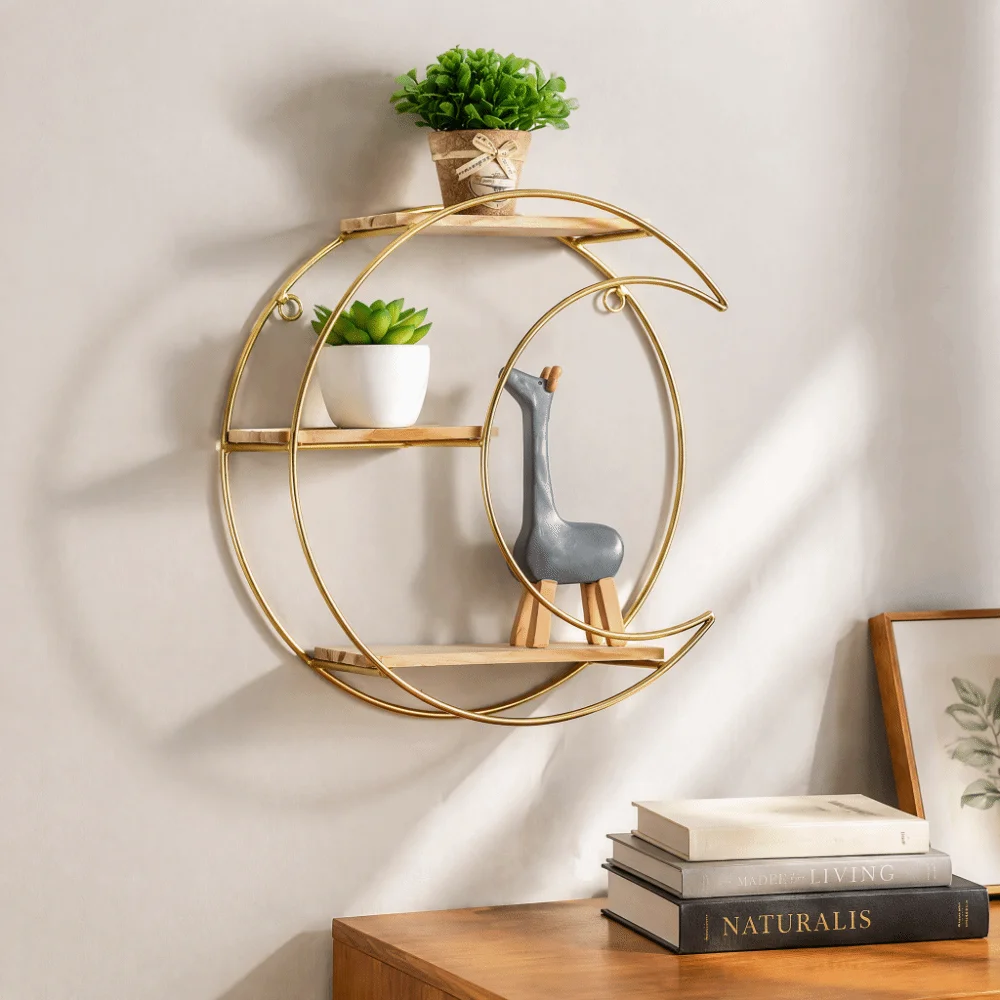 Gold Metal Moon Floating Shelf 3-Tier 11 in Wall Mounted Shelf Space Saving Wall Mounted 3-Tier Shelf Living Room Display