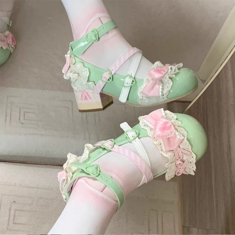 Japanese Sweet Lolita Style Shoes Women Cute Lace Ruffles Bow Metal Button Mary Jane Shoes Y2k Low Heeled Head Flats Party Shoes