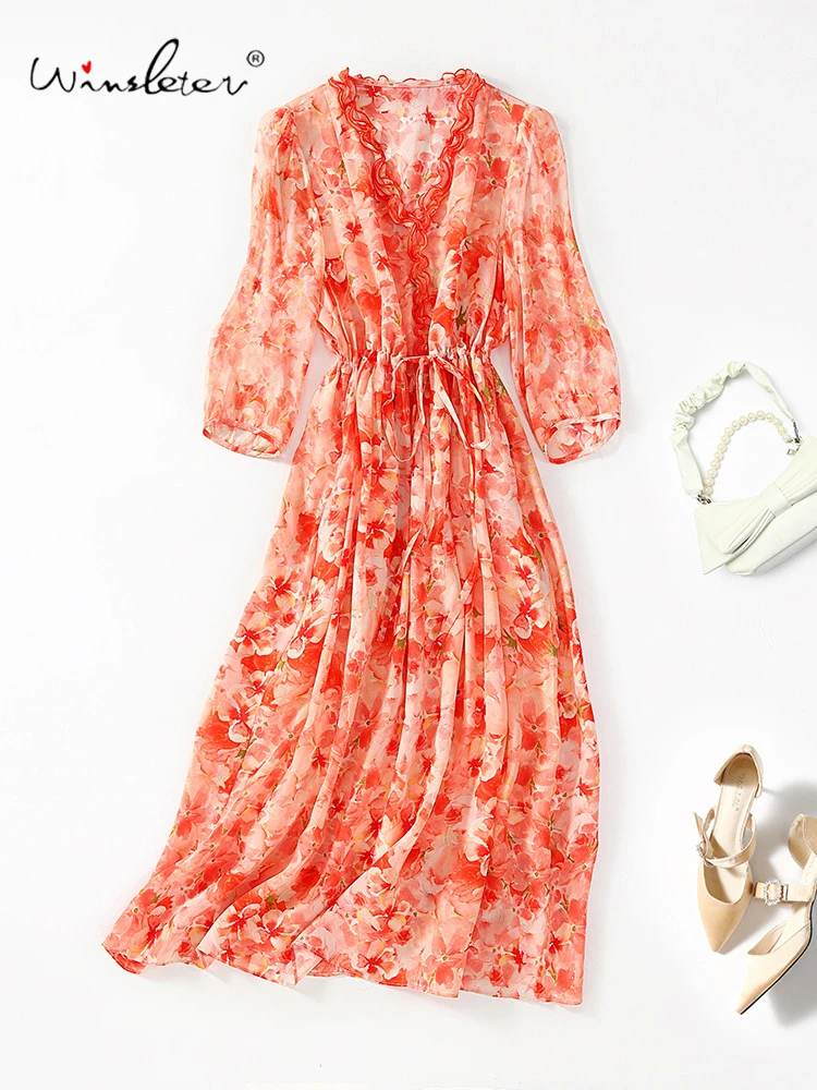 

Winsleter-Women's 100%Real Silk Elegant Dress, Half Sleeve V Neck Floral Print, French Ruffles Dresses, 2025 Summer New D58241CC