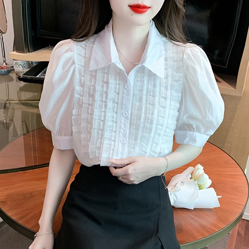 

Summer Tops Turn Down Collar White Chiffon Blouse Shirt Blusas Mujer De Moda 2024 Verano Short Sleeve Blouse Women Blusa G586