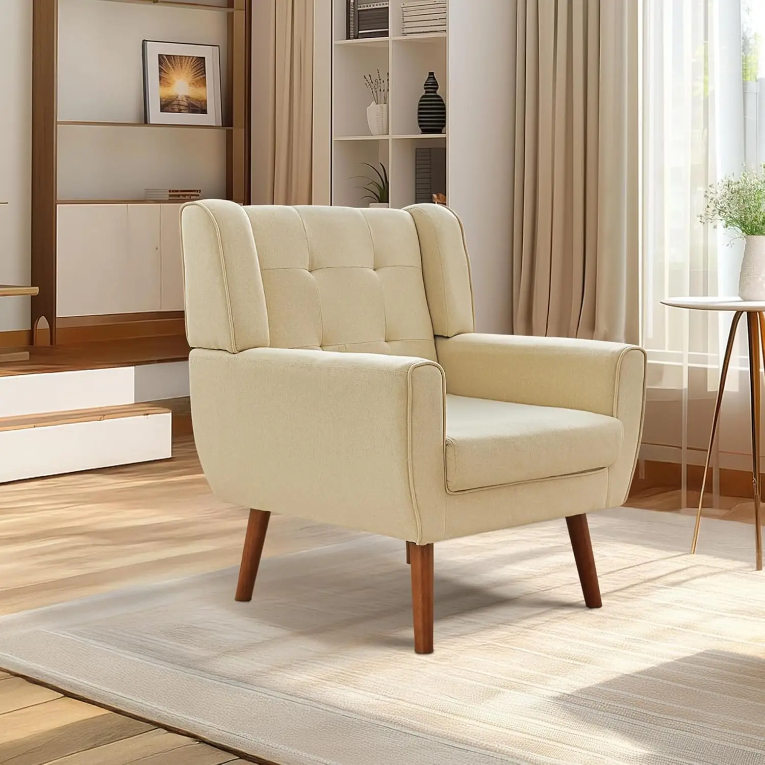 Redlife Modern Accent Chair ，Linen Fabric Armchair Single Sofa Fabric Reading Chair with Solid Wood Legs for Living Room Bedroom