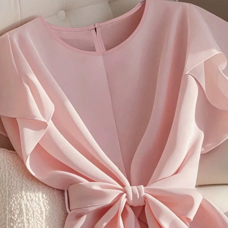 Chemises pour femmes de Style euro-américain, chemisier fin élégant à manches courtes avec ruban et cordon de serrage, été 2025