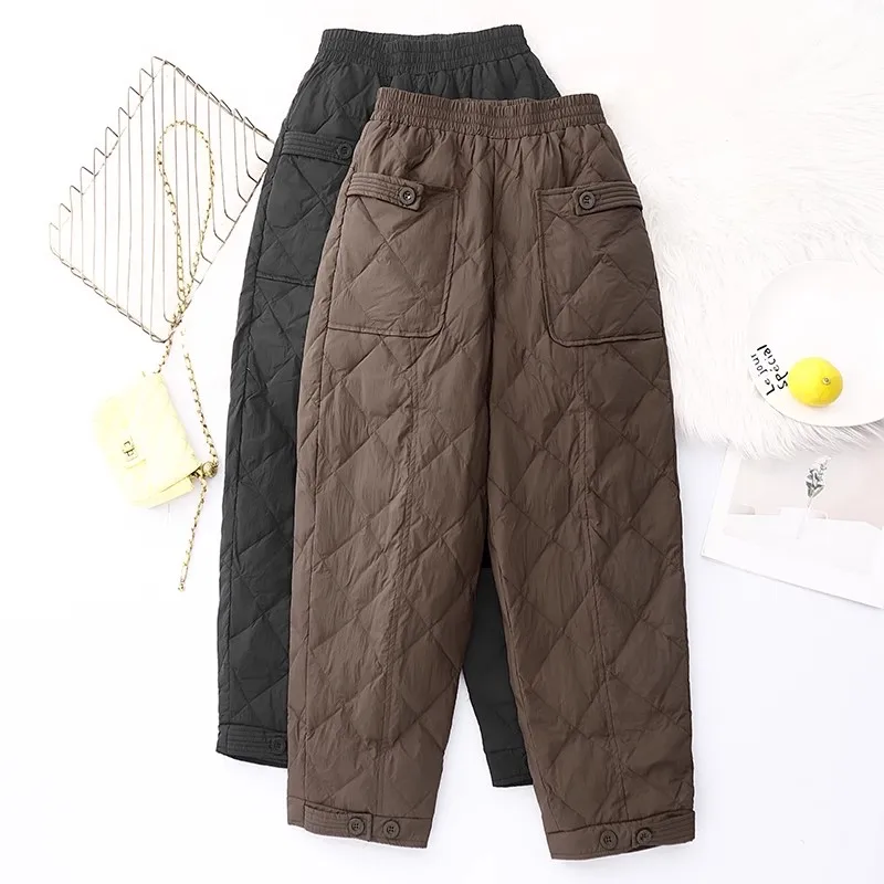 Women Fashion Cotton-padded Carrot Pants 2024 New Winter Vintage Plaid Office Lady Thick Warm Harem Pants Outerwear Trousers