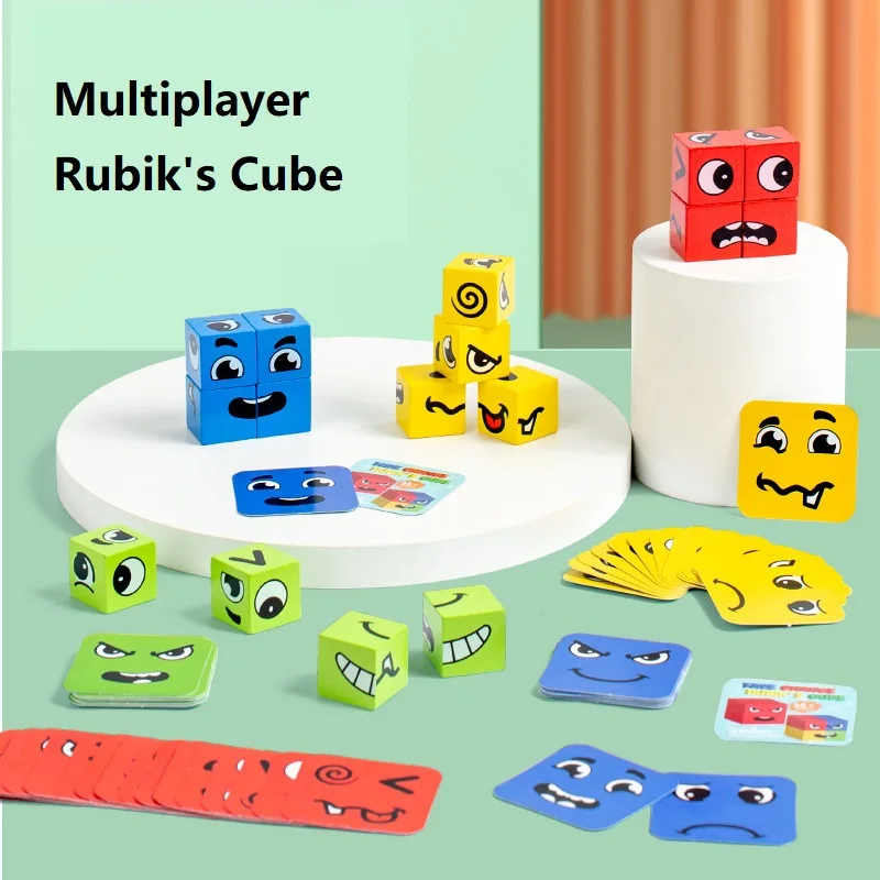 Face Changing Cube Wooden Toy Expression Building Blocks Parent children Interactive Funny Battle Level Game Challenging Puzzle