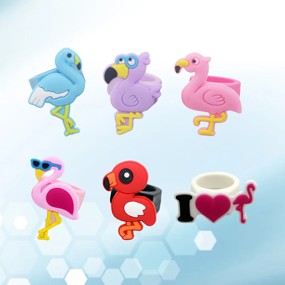 6pcs Silicone Children Rings Adorable Flamingo Shape Rings Decorative Jewelry Birthday Party Favors Gifts for Kids