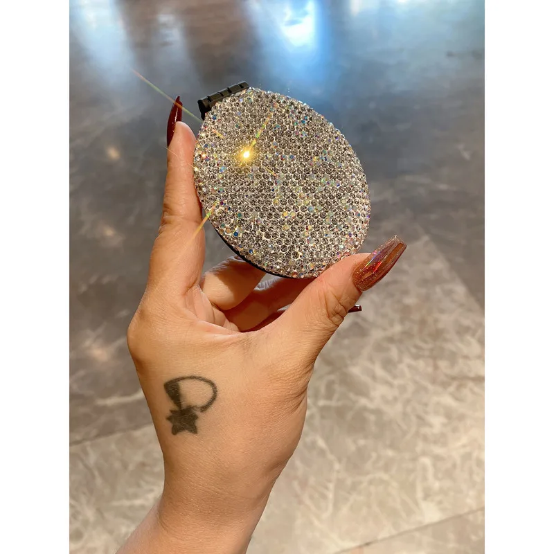 Diamond-Encrusted Mini Makeup Mirror Portable Folding Comb with Air Cushion for Smooth Hair High-Appearance Compact Beauty Tool