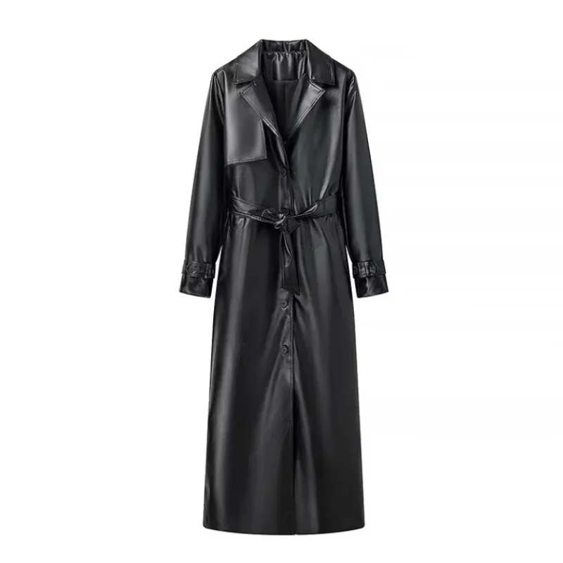 ZEMOREXMZ Nowa Kolekcja Damska Bordowy Płaszcz ze Sztucznej Skóry w Stylu Retro z Paskiem, Kieszeniami, Luźny, Wydłużony Płaszcz Wierzchni